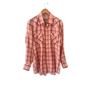 Vintage H Bar C Western Pearl Snap Shirt Mens XL Orange Plaid Ranchwear Cowboy